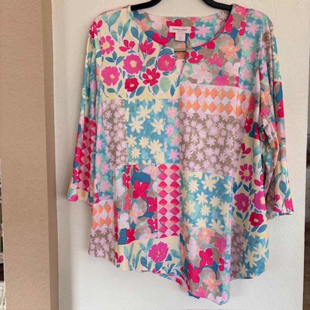 Allison Daley Womens 2X Tunic Patchwork Pastels 3/4 Sleeve Handkerchief Hem NWT - Picture 2 of 7